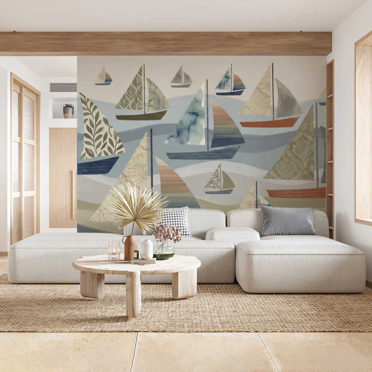 Sailboat Fleet Mural Wallpaper — Watercolor Nautical Sea Pattern Mural Wallpaper - room preview 02