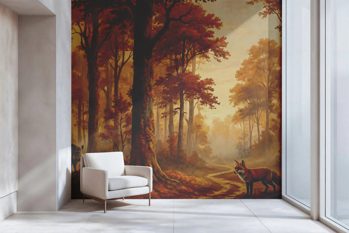 Autumn Forest Wildlife Mural Wallpaper — Warm Woodland Scene Mural Wallpaper - room preview 02