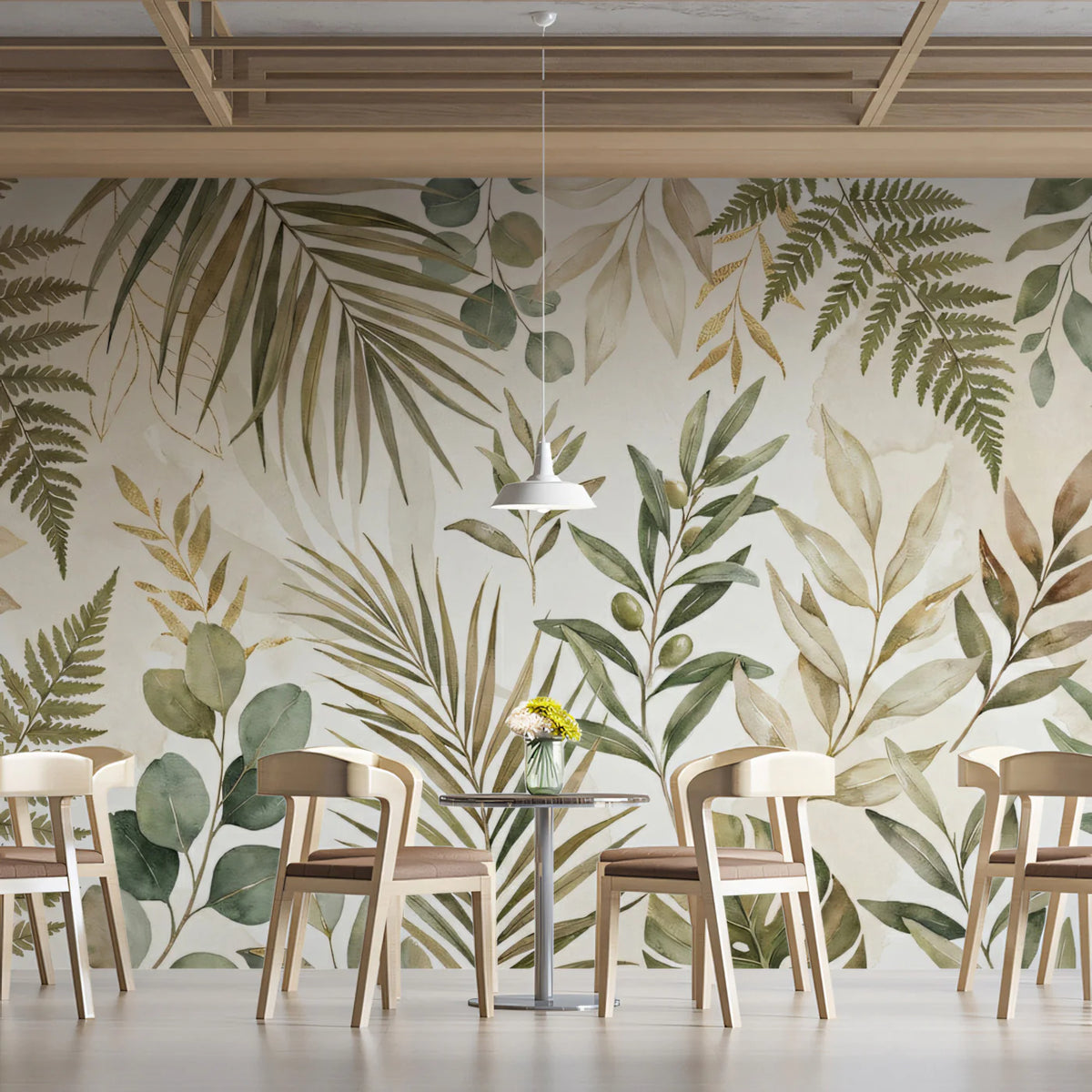 Botanical Watercolor Leaf Mural Wallpaper with Gold Accents Mural Wallpaper - room preview 02