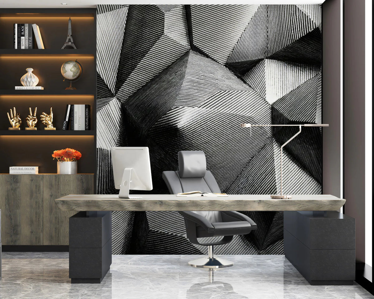 Monochrome Geometric Diamond Mural Wallpaper — Modern Optical Illusion Mural Wallpaper - room preview 02