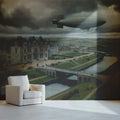 Steampunk Airship Landscape Wallpaper Classical European Chateau Mural Vintage Oil Painting Wall Art Mural Wallpaper - room preview 02