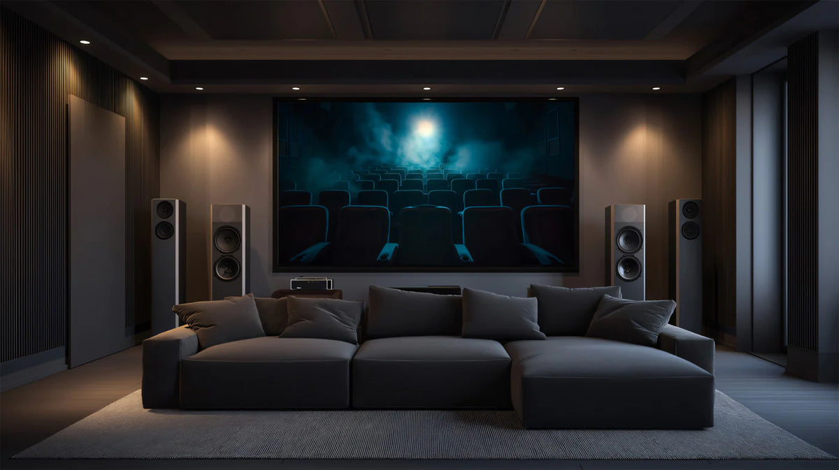 Cinematic Spotlight Theater Wallpaper Dark Moody Cinema Room Mural Empty Movie Seats Wall Art Mural Wallpaper - room preview 02
