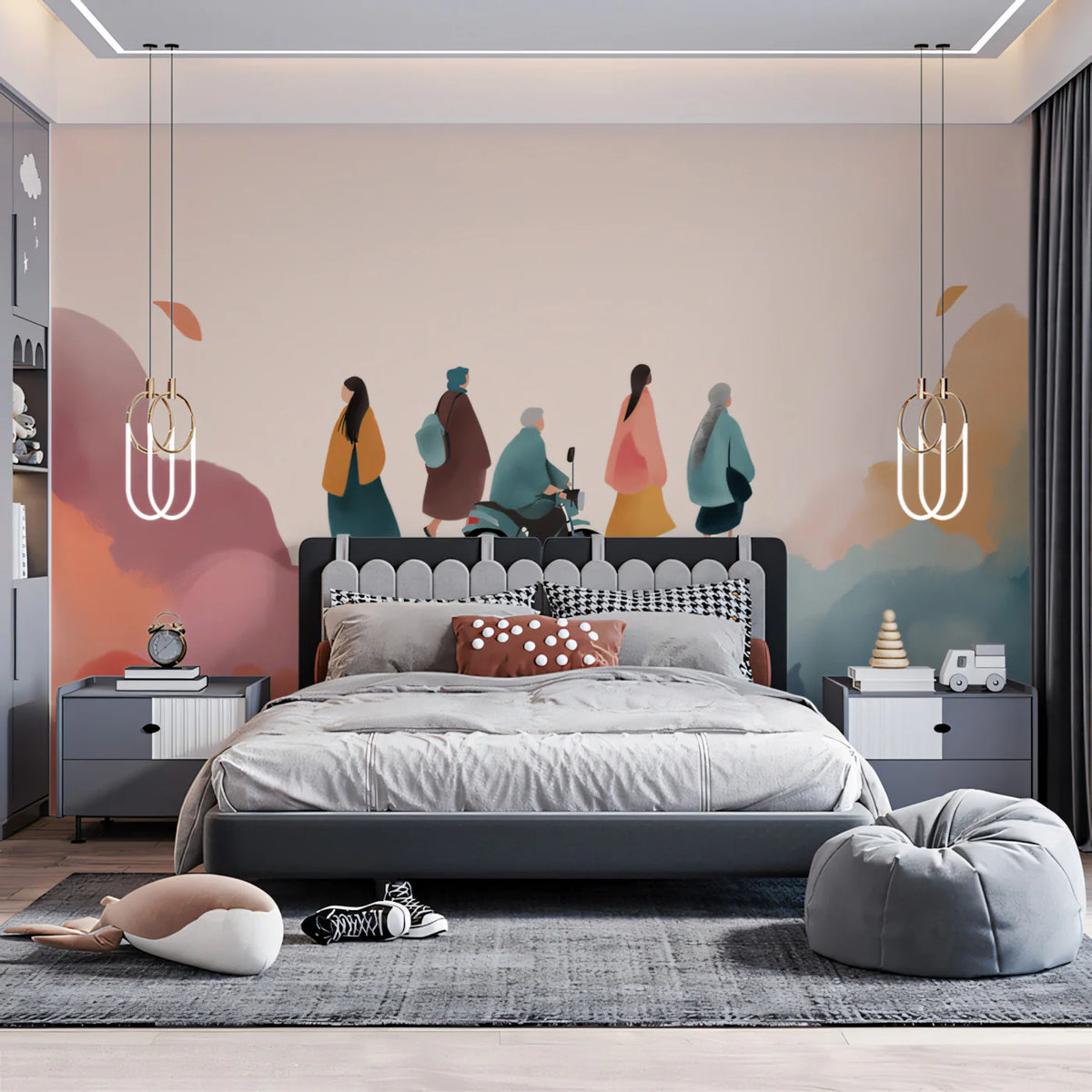 Watercolor Commuter Mural Wallpaper — Soft Autumnal Illustration Mural Wallpaper - room preview 02