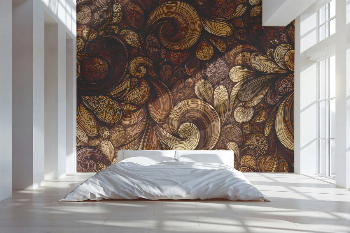 Intricate Swirl Pattern Wallpaper Vintage Ornate Floral Mural Warm Earth Tones Bohemian Wall Art Mural Wallpaper - room preview 02