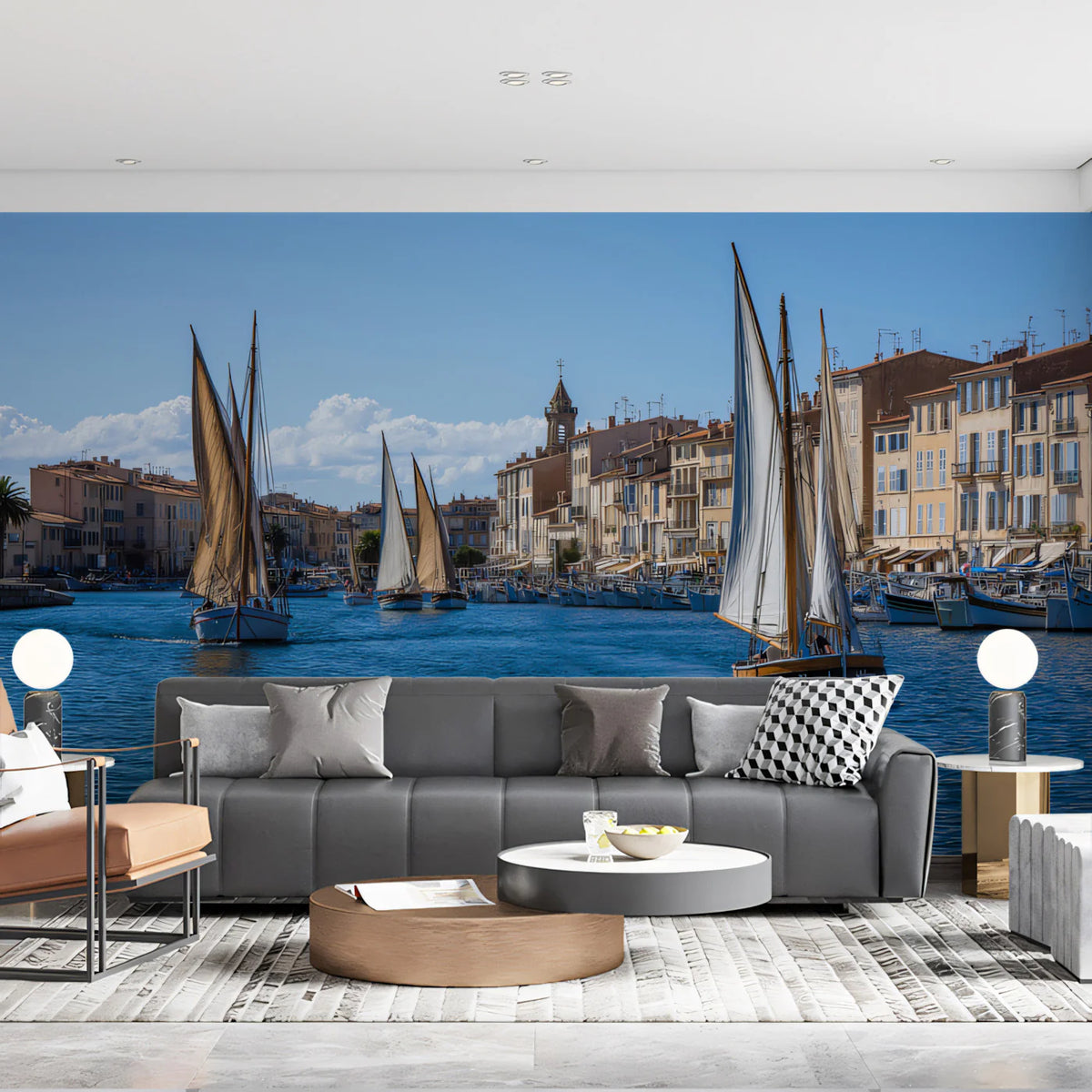 Mediterranean Harbor Sailboat Wallpaper Sunny Coastal Town Mural French Riviera Nautical Decor Mural Wallpaper - room preview 02