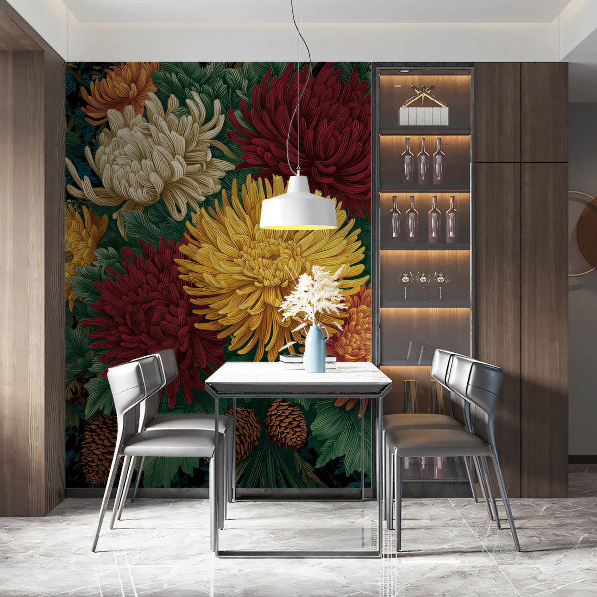 Victorian Chrysanthemum Mural Wallpaper — Moody Floral Heritage Mural Wallpaper - room preview 02