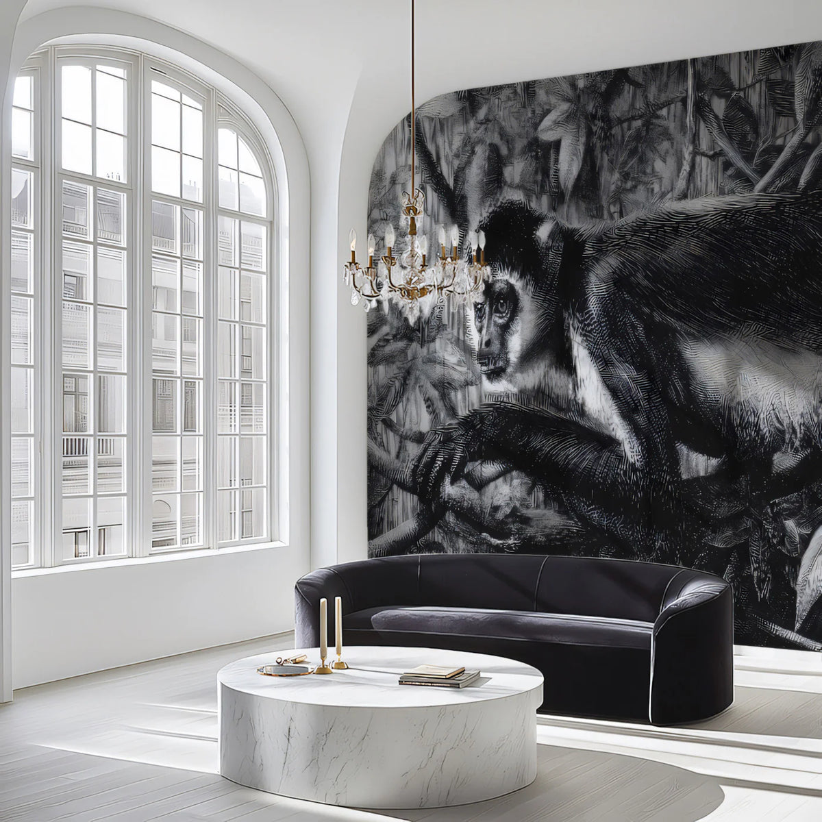 Colobus Monkey Jungle Mural Wallpaper — Monochrome Etching Design Mural Wallpaper - room preview 02