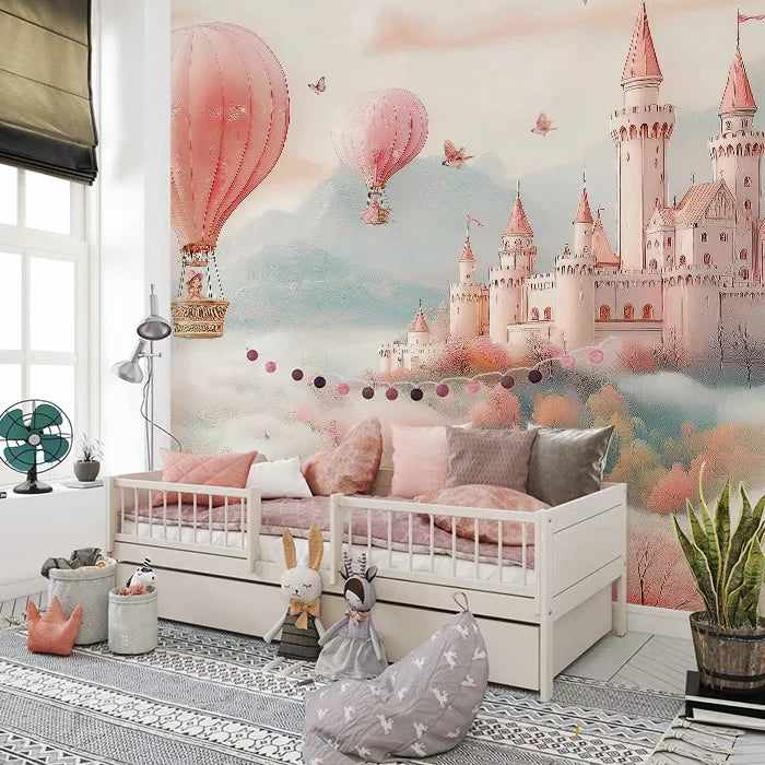 Pink Castle and Hot Air Balloon Mural Wallpaper — Whimsical Fantasy Mural Wallpaper - room preview 02