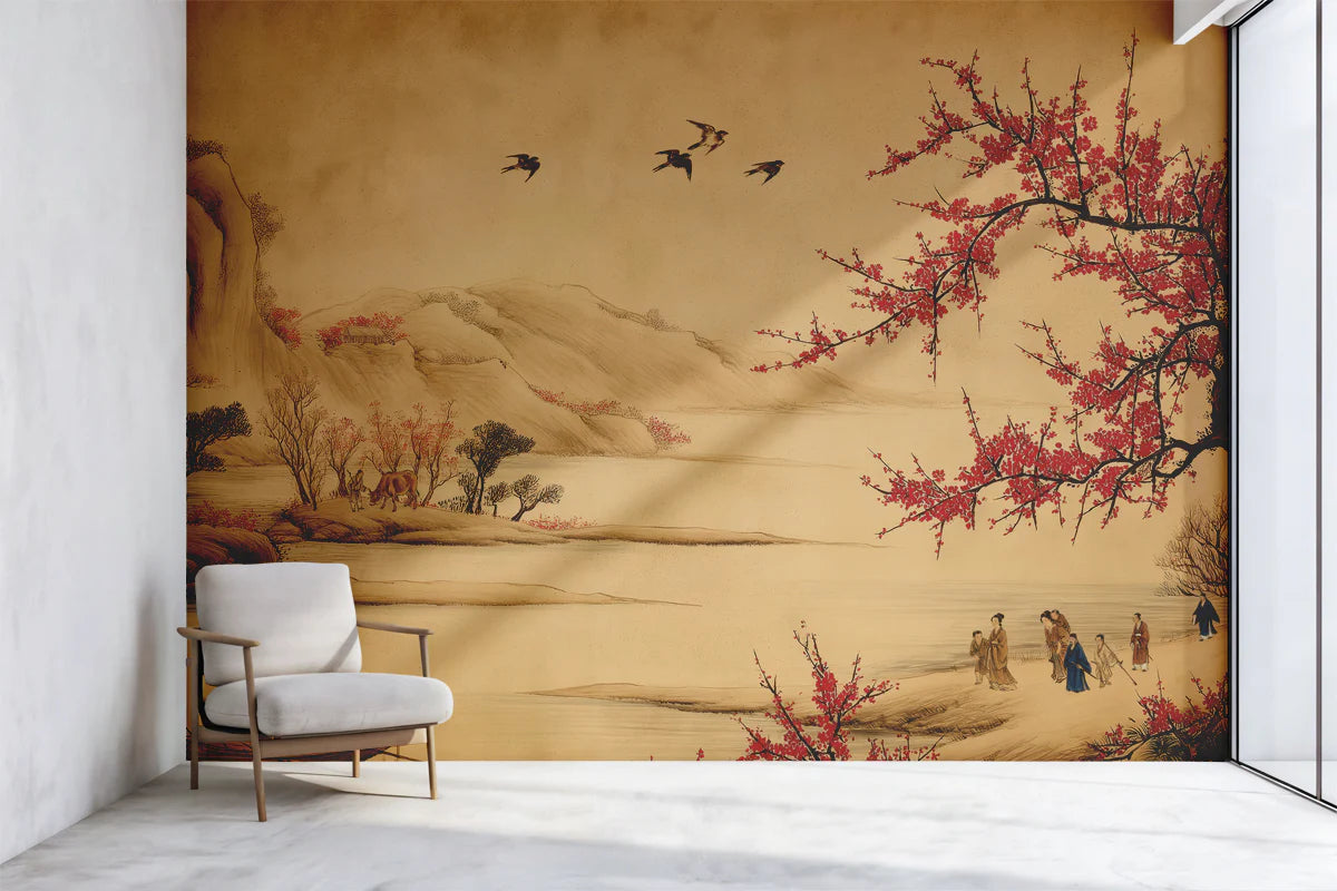 Traditional Chinese Landscape Mural Wallpaper with Red Plum Blossoms Mural Wallpaper - room preview 02