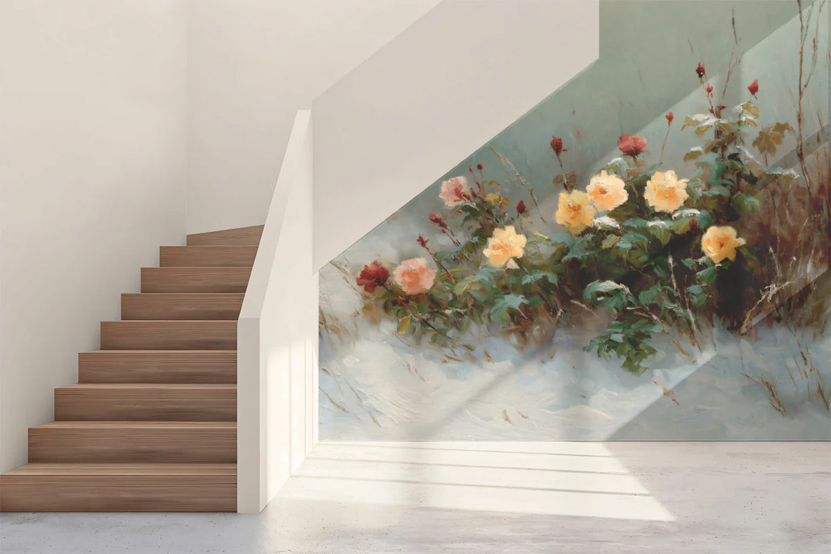 Winter Rose Garden Mural Wallpaper — Impressionistic Floral Art Mural Wallpaper - room preview 02