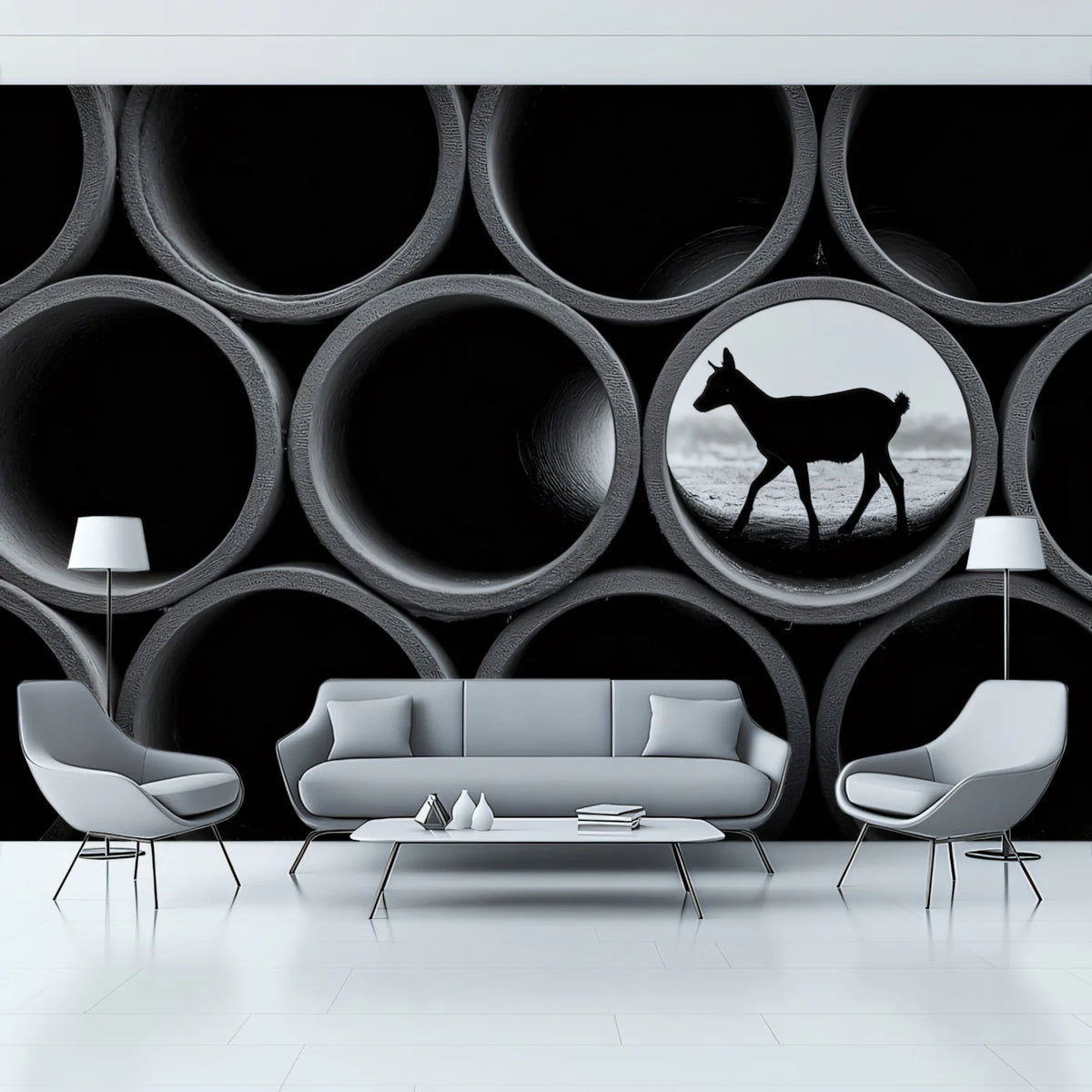 Industrial Deer Silhouette Mural Wallpaper — Modern Monochrome Art Mural Wallpaper - room preview 02