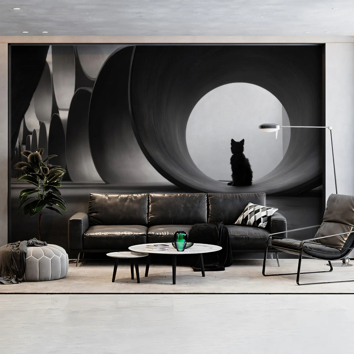 Cat Silhouette and Industrial Pipes Mural — Minimalist Monochrome Mural Wallpaper - room preview 02