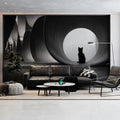 Cat Silhouette and Industrial Pipes Mural — Minimalist Monochrome Mural Wallpaper - room preview 02