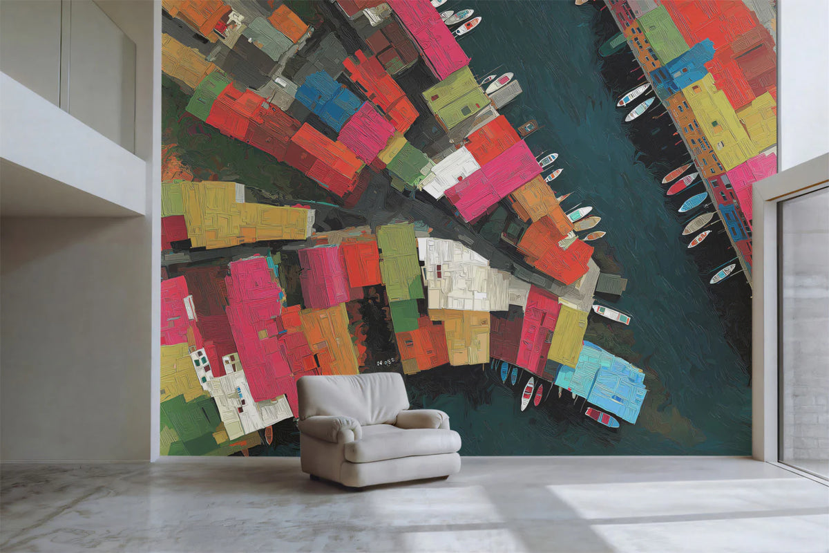 Aerial Mediterranean Village Mural Wallpaper — Colorful Art Mural Wallpaper - room preview 02