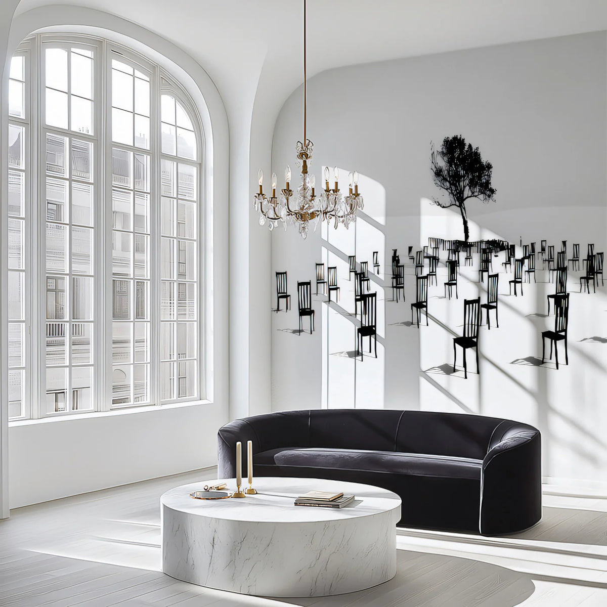 Surreal Chairs and Solitary Tree Mural Wallpaper — Modern Minimalist Mural Wallpaper - room preview 02
