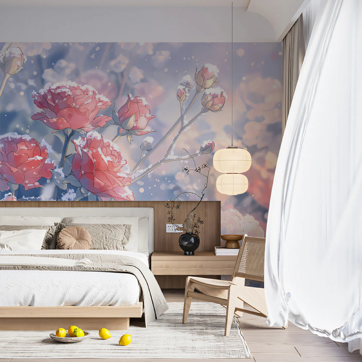 Snow-Dusted Pink Rose Mural Wallpaper — Romantic Winter Floral Mural Wallpaper - room preview 02