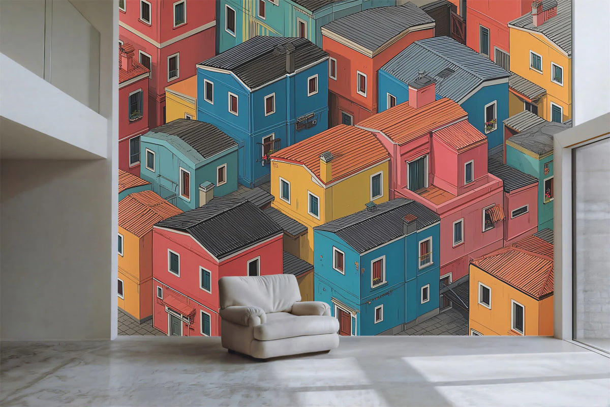 Isometric Townhouse Illustration Mural Wallpaper — Colorful Whimsy Mural Wallpaper - room preview 02