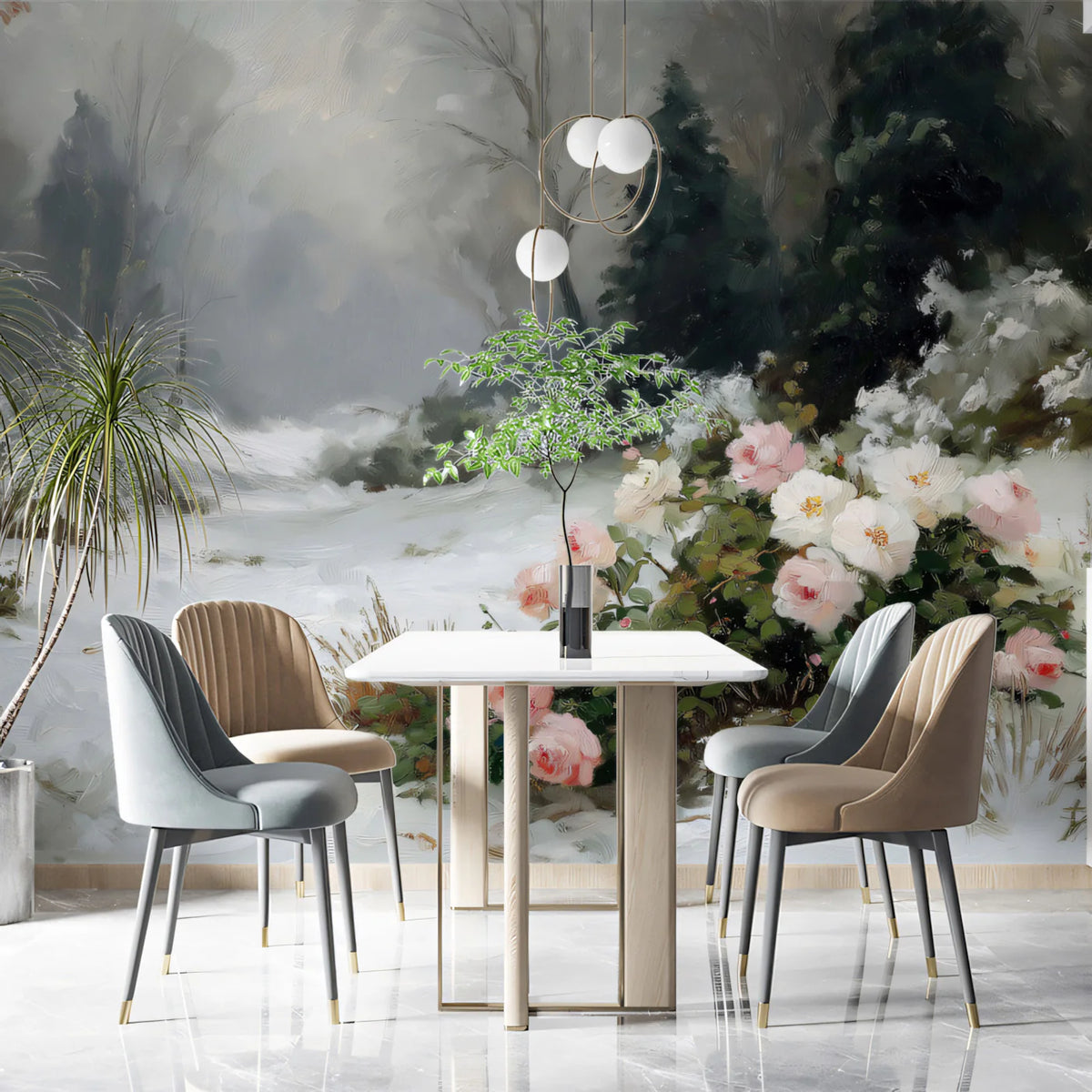 Winter Rose Path Mural Wallpaper — Impressionist Oil Painting Mural Wallpaper - room preview 02