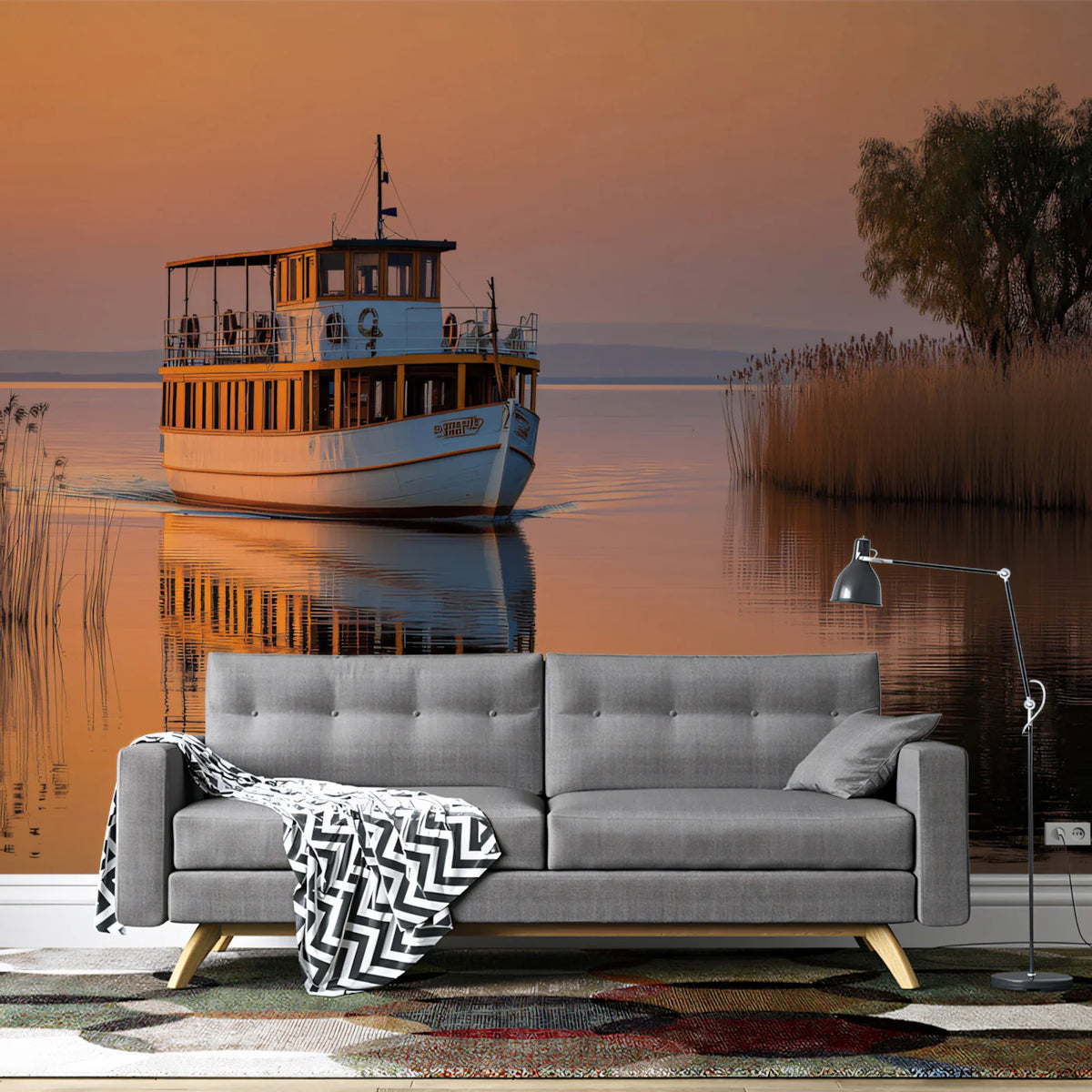Sunset Lake Boat Mural Wallpaper —Nostalgic Golden Hour Landscape Mural Wallpaper - room preview 02