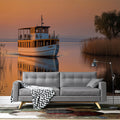 Sunset Lake Boat Mural Wallpaper —Nostalgic Golden Hour Landscape Mural Wallpaper - room preview 02