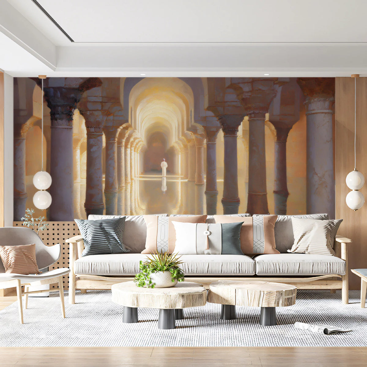 Golden Moorish Column Hall Mural Wallpaper — Oil Painting Style Mural Wallpaper - room preview 02