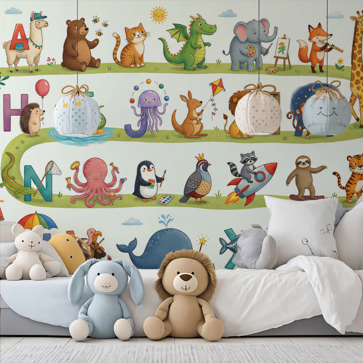 Animal Alphabet Journey Mural Wallpaper — Whimsical Kids Illustration Mural Wallpaper - room preview 02