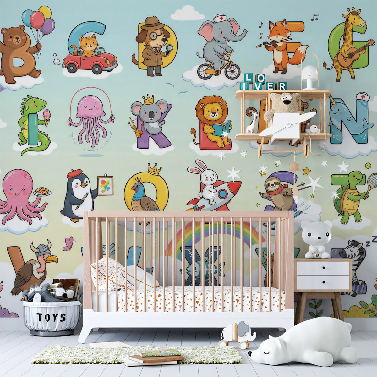 Cheerful Animal Alphabet Mural Wallpaper — Whimsical Educational Art Mural Wallpaper - room preview 02