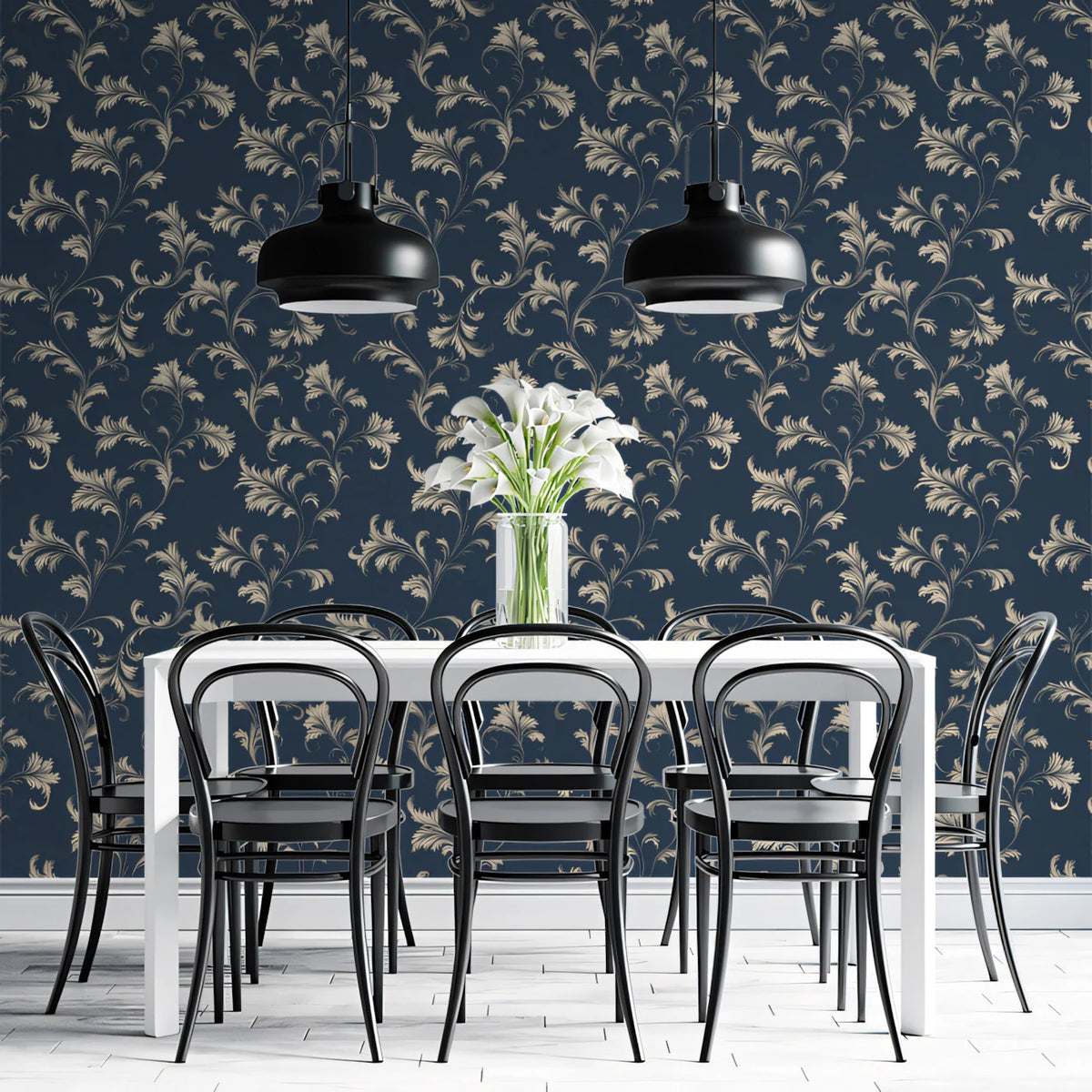 Vintage Botanical Vine Mural Wallpaper — Deep Navy and Cream Mural Wallpaper - room preview 02