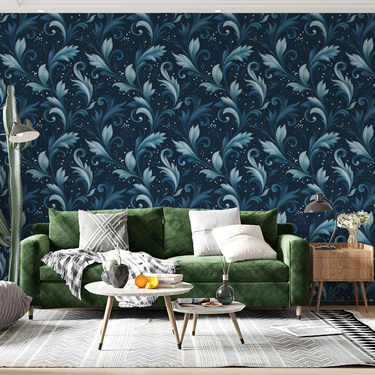 Midnight Acanthus Leaf Mural Wallpaper — Traditional Blue Damask Mural Wallpaper - room preview 02