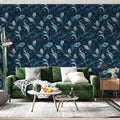 Midnight Acanthus Leaf Mural Wallpaper — Traditional Blue Damask Mural Wallpaper - room preview 02