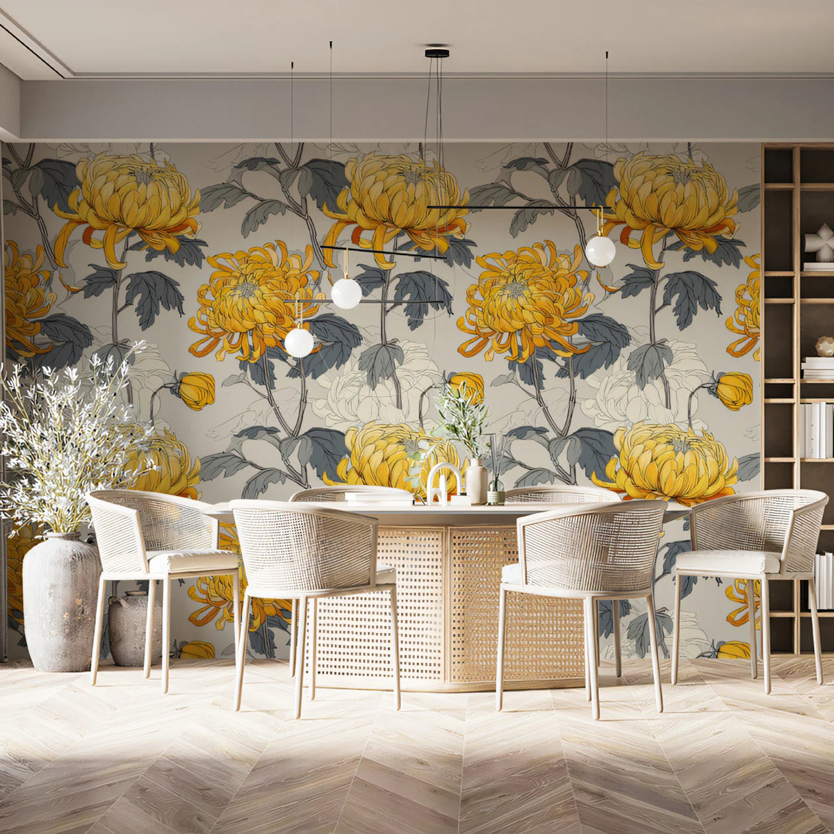 Golden Chrysanthemum Botanical Mural Wallpaper — Vintage Floral Mural Wallpaper - room preview 02