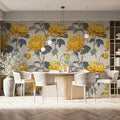 Golden Chrysanthemum Botanical Mural Wallpaper — Vintage Floral Mural Wallpaper - room preview 02
