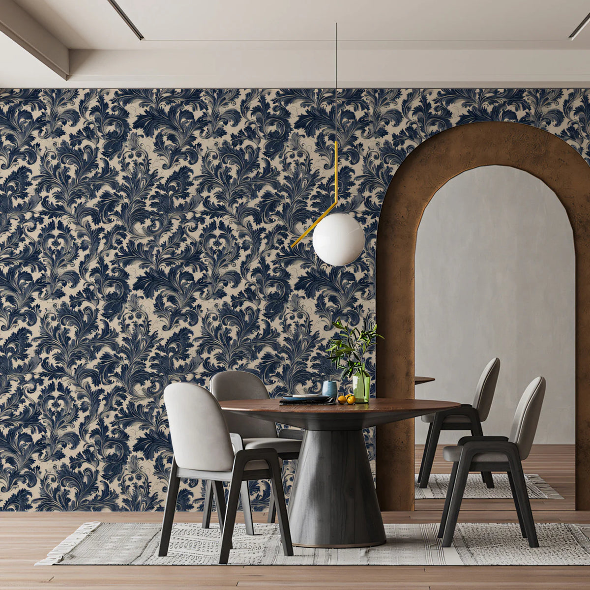 Navy Blue Damask Floral Mural Wallpaper — Traditional Heritage Mural Wallpaper - room preview 02