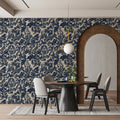 Navy Blue Damask Floral Mural Wallpaper — Traditional Heritage Mural Wallpaper - room preview 02