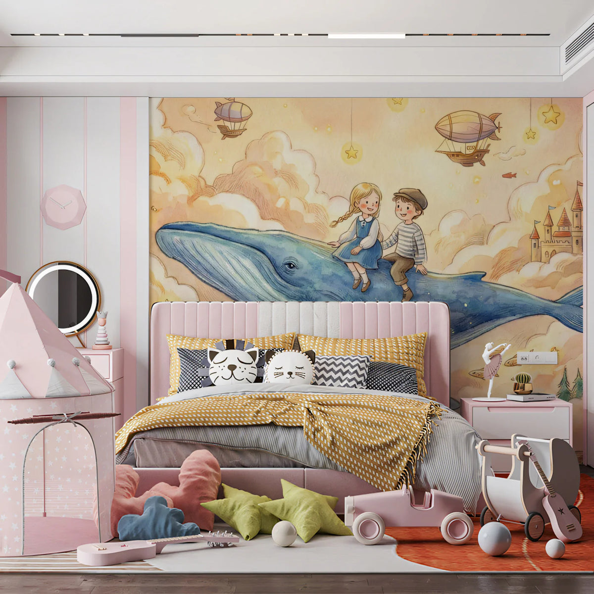 Flying Whale and Sky Castle Mural Wallpaper — Whimsical Fantasy Mural Wallpaper - room preview 02