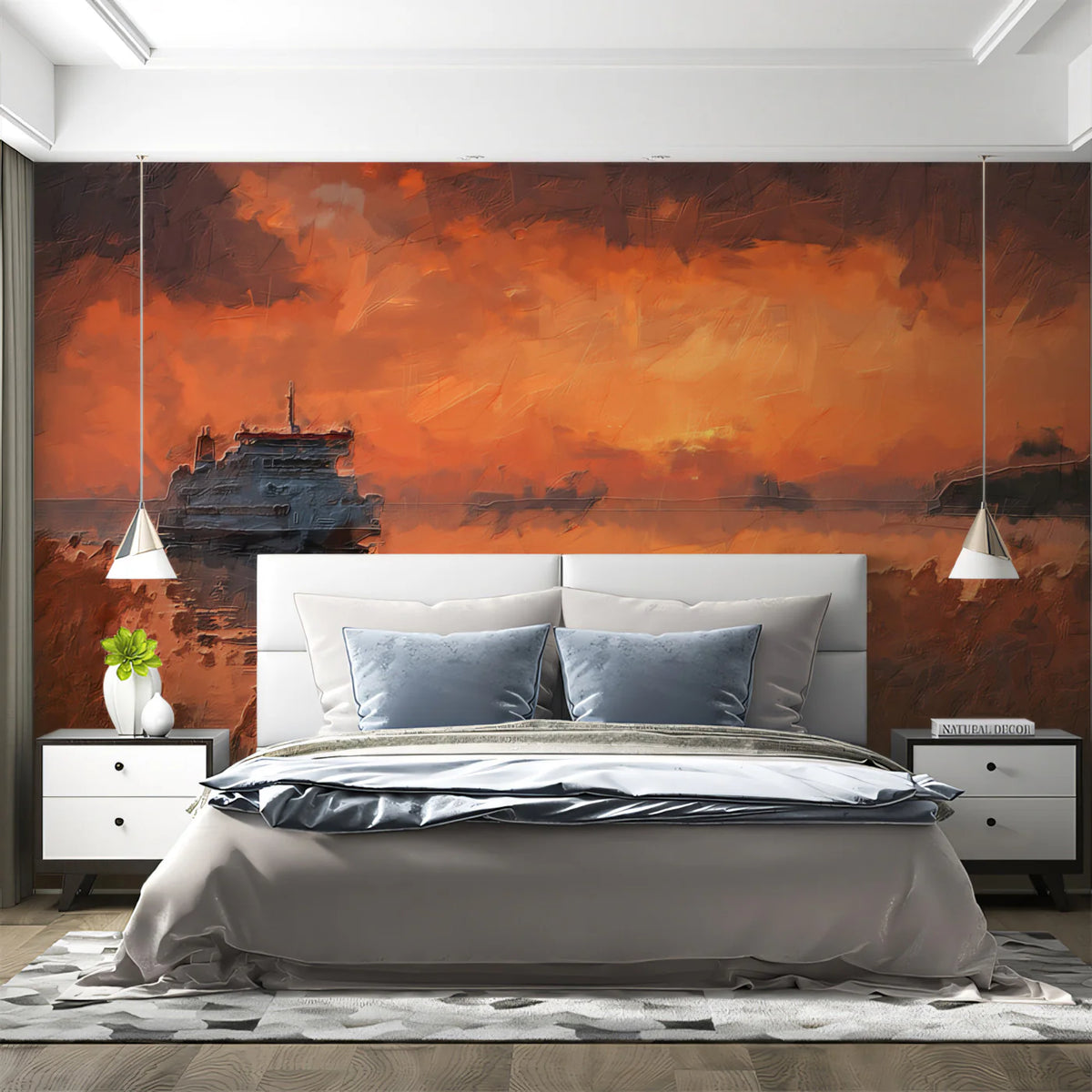 Impressionist Harbor Sunset Mural Wallpaper — Warm Artistic Scene Mural Wallpaper - room preview 02
