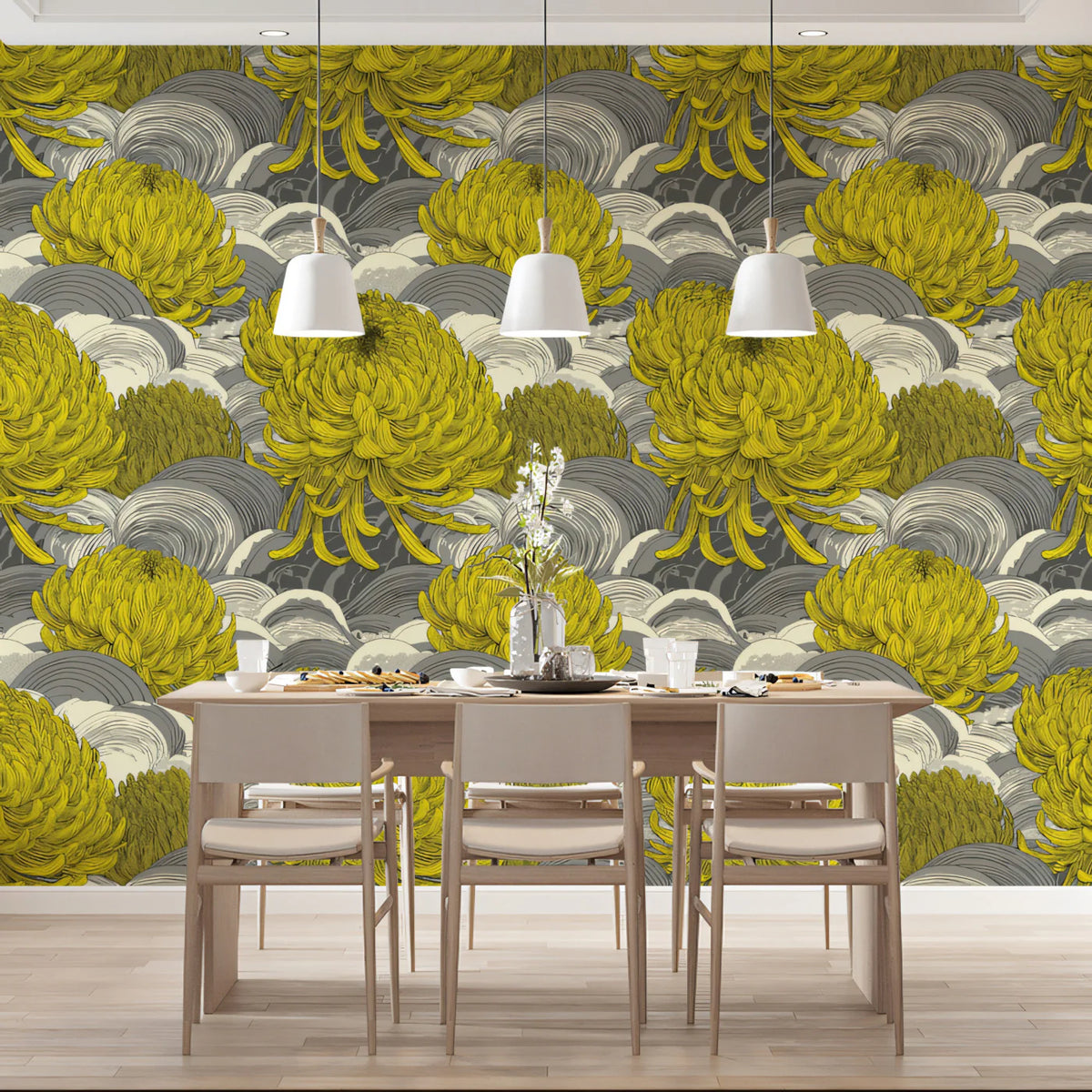 Chrysanthemum Wave Mural Wallpaper — Traditional Asian Art Design Mural Wallpaper - room preview 02