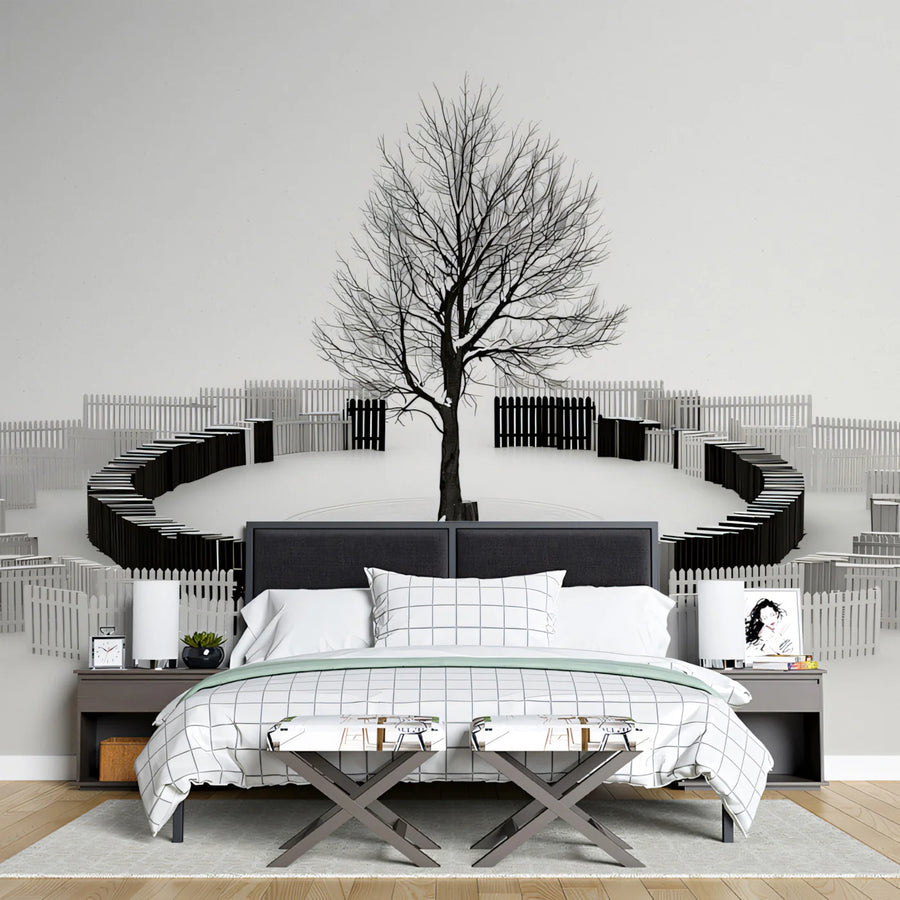 Papier peint mural Arbre d'hiver et clôture concentrique – Papier peint mural d'art minimaliste