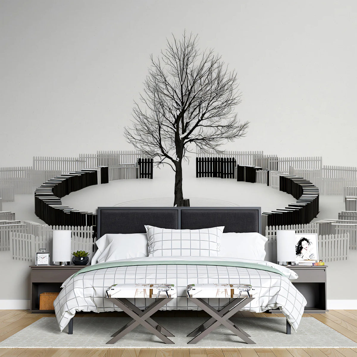 Winter Tree and Concentric Fence Mural Wallpaper — Minimalist Art Mural Wallpaper - room preview 02
