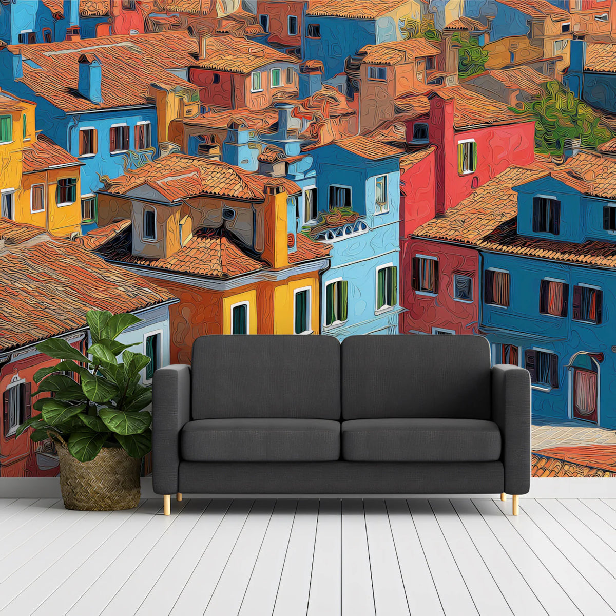 Mediterranean Village Houses Mural Wallpaper — Artistic Town Scene Mural Wallpaper - room preview 02