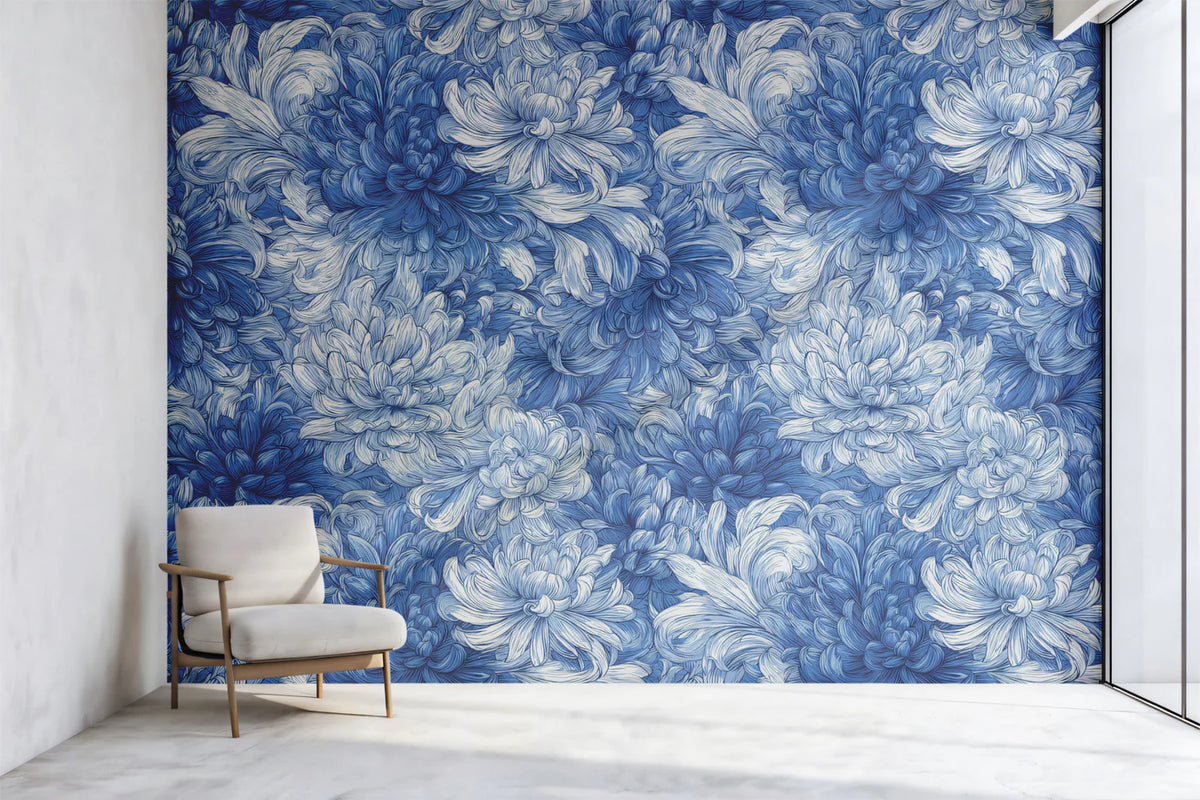 Blue and White Chrysanthemum Floral Mural Wallpaper - room preview 02