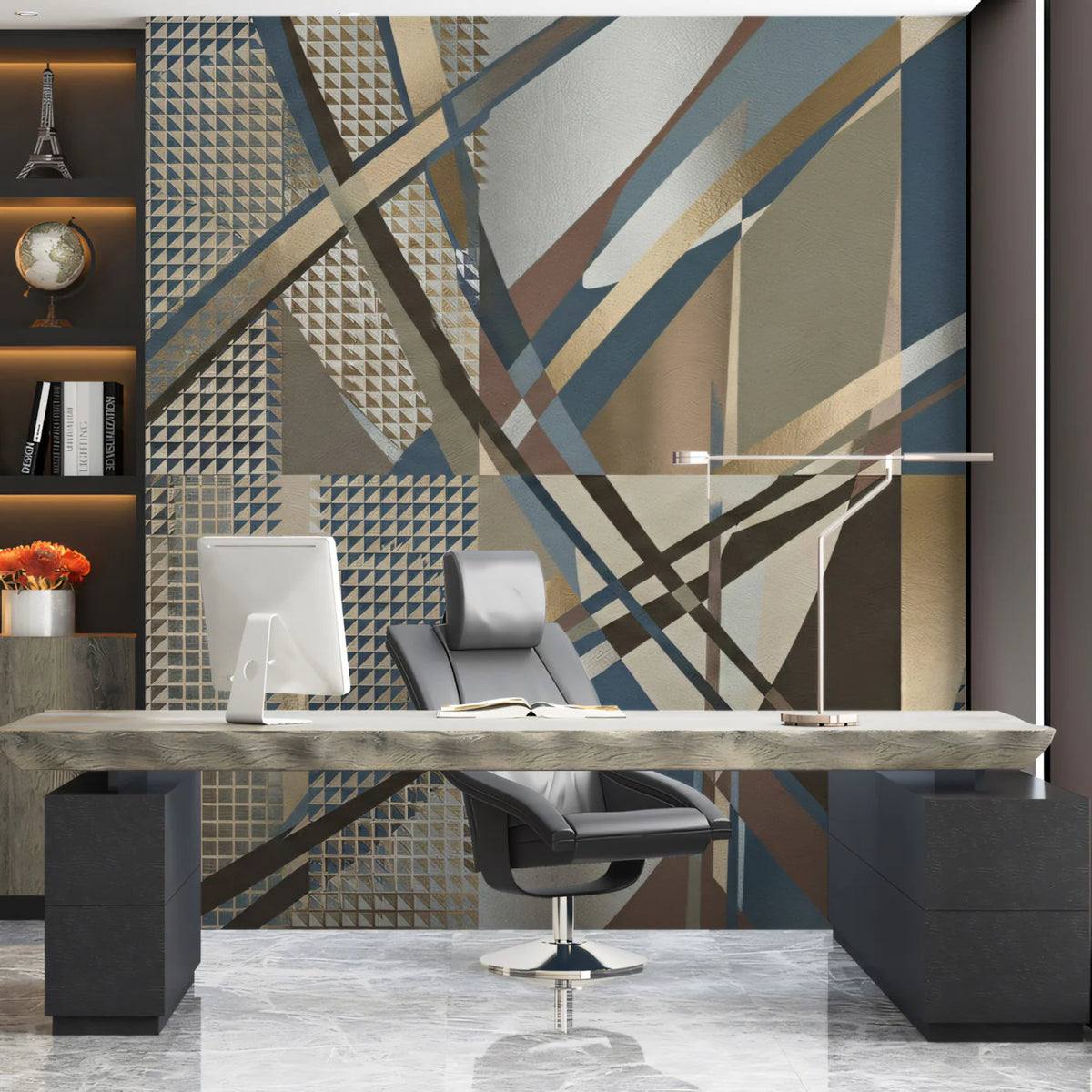 Metallic Geometric Abstract Mural Wallpaper — Modern Architectural Mural Wallpaper - room preview 02