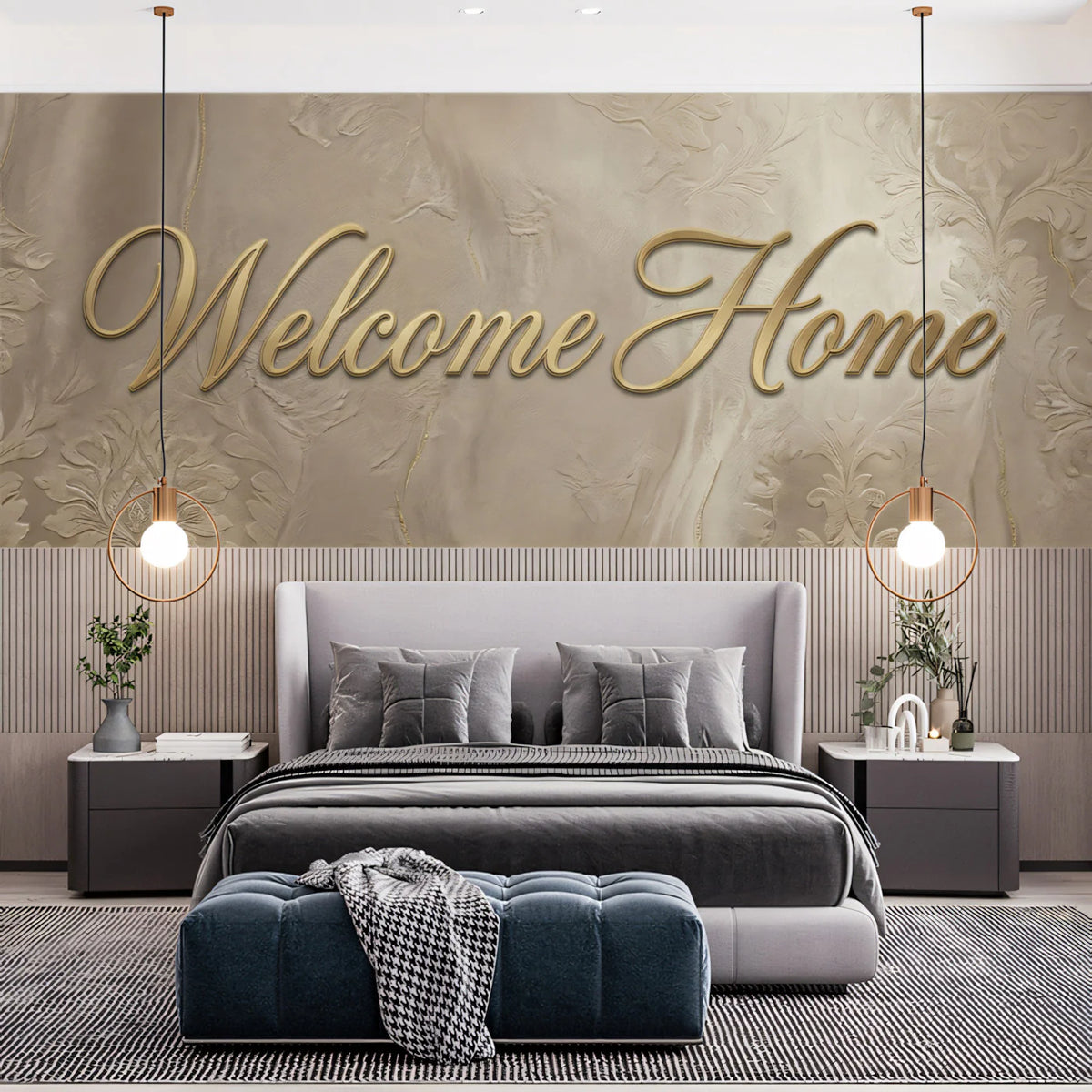 Welcome Home Damask Mural Wallpaper — Elegant Metallic Script Mural Wallpaper - room preview 02