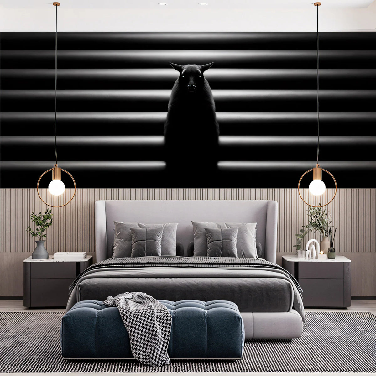 Minimalist Creature and Pipe Mural Wallpaper — Cinematic Monochrome Mural Wallpaper - room preview 02