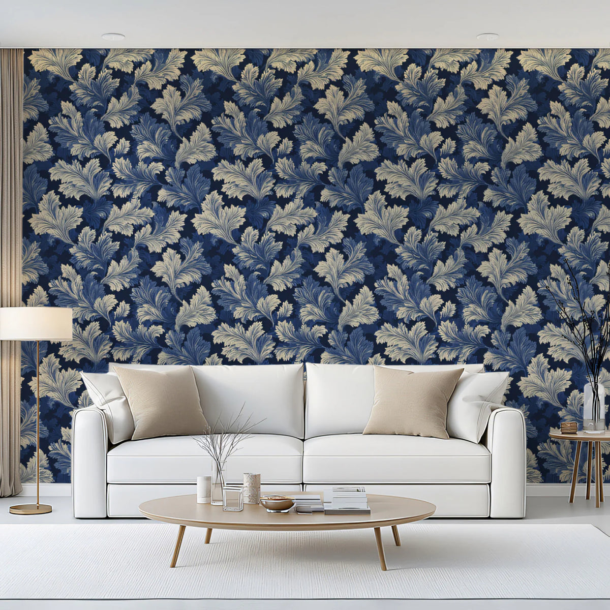 Indigo Acanthus Leaf Mural Wallpaper — Traditional Botanical Pattern Mural Wallpaper - room preview 02