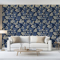 Indigo Acanthus Leaf Mural Wallpaper — Traditional Botanical Pattern Mural Wallpaper - room preview 02