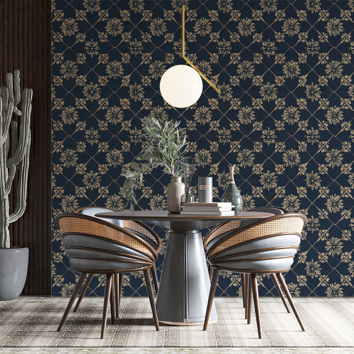 Navy and Gold Diamond Trellis Floral Mural Wallpaper - room preview 02