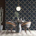 Navy and Gold Diamond Trellis Floral Mural Wallpaper - room preview 02