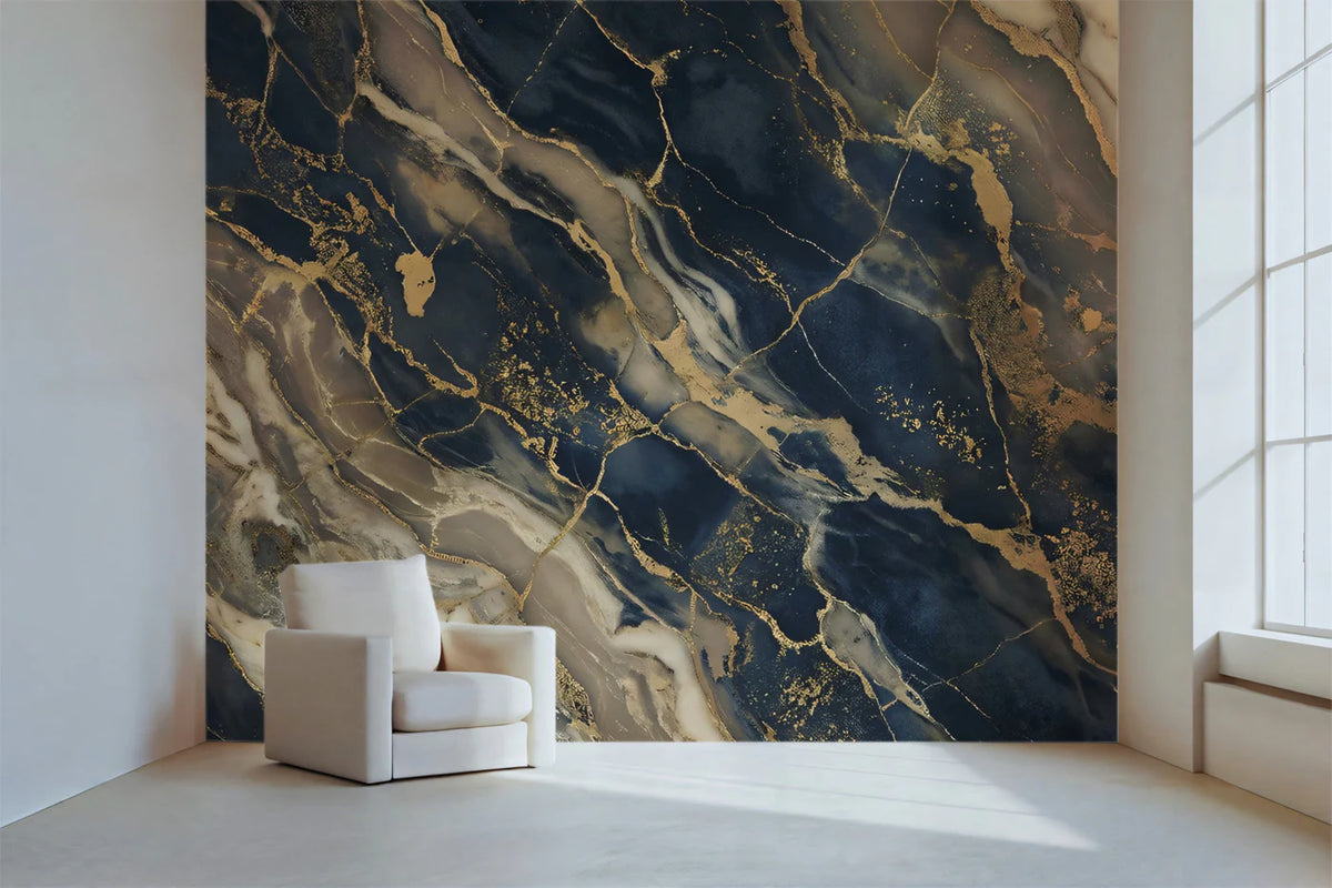 Navy Blue and Gold Marble Mural Wallpaper — Fluid Stone Aesthetic Mural Wallpaper - room preview 02