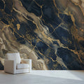 Navy Blue and Gold Marble Mural Wallpaper — Fluid Stone Aesthetic Mural Wallpaper - room preview 02